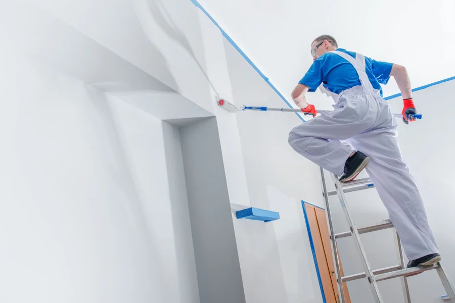 Painter working on a light interior wall