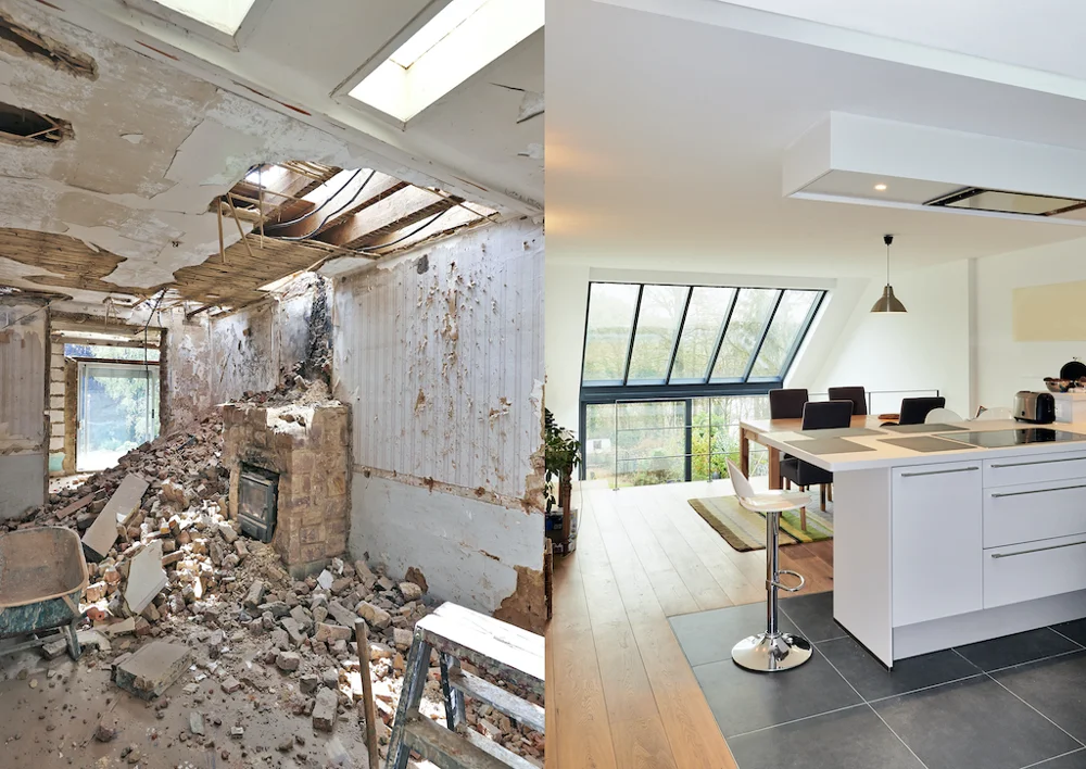 Illustrative view of a home transformation during renovation